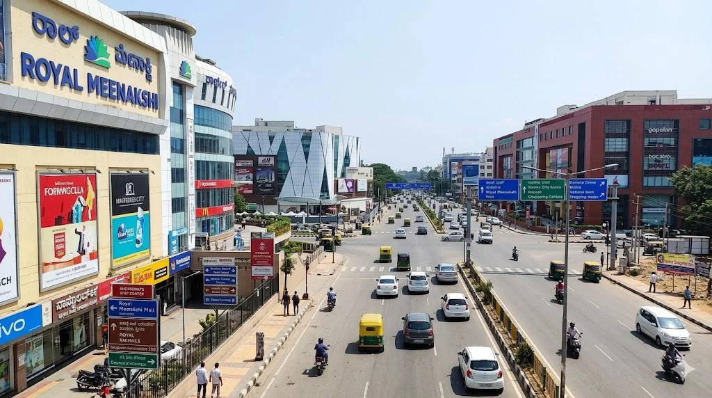 Exterior view of popular retail destinations and premium shopping malls located along Bannerghatta Road in South Bengaluru.